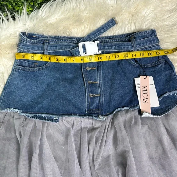 Nwt Micas Denim Mesh Patchwork High Waist denim and tulle Skirt - Picture 14 of 17